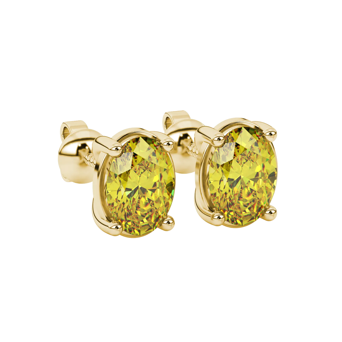 Close-up, oval cut canary yellow gemstone, yellow gold classic basket earrings.