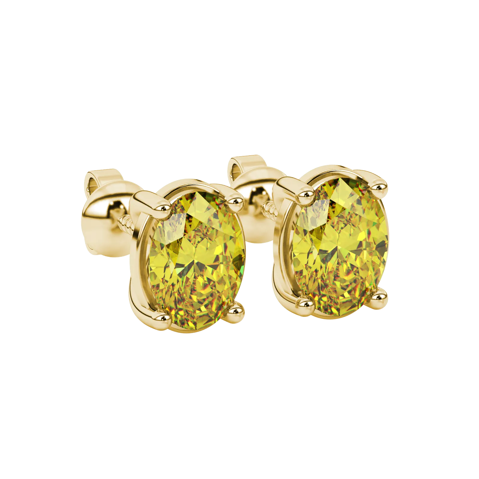 Close-up, oval cut canary yellow gemstone, yellow gold classic basket earrings.