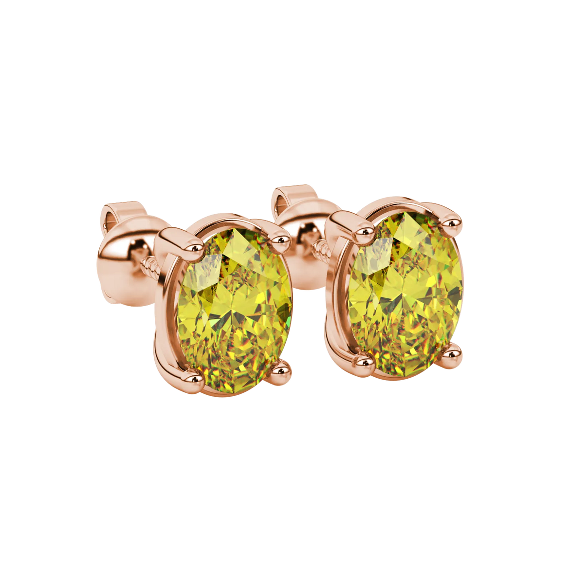 Close-up, oval cut canary yellow gemstone earrings, rose gold classic basket.