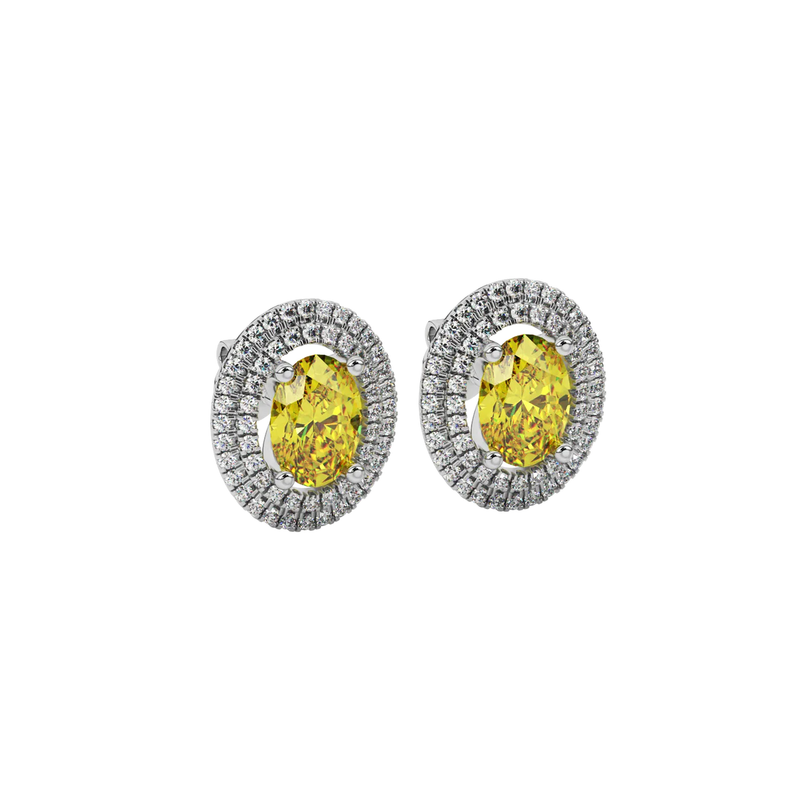 Close-up canary yellow gemstone earing, white gold falling edge halo.