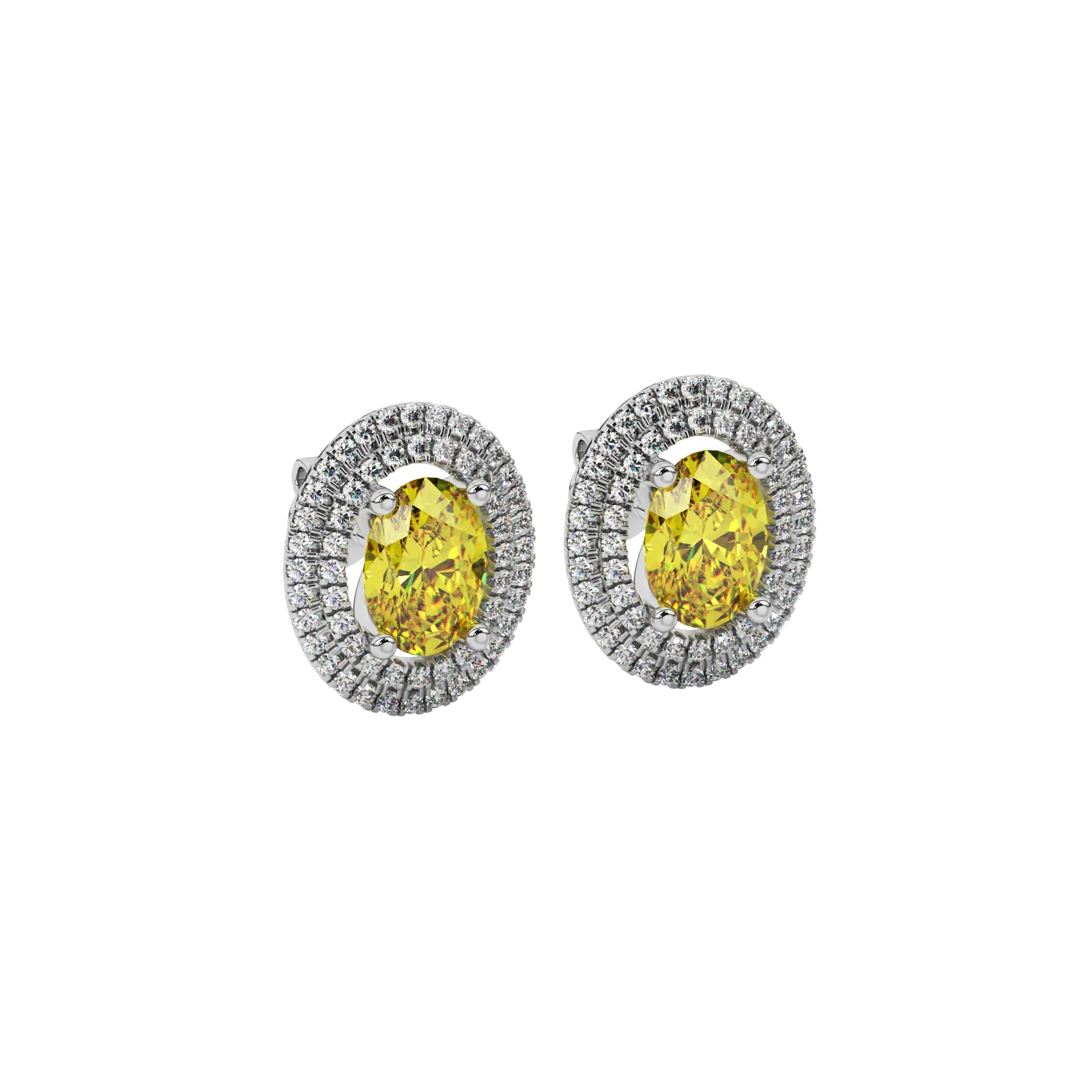 Close-up canary yellow gemstone earing, white gold falling edge halo.