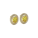 Close-up, oval cut canary yellow gemstone, yellow gold falling edge halo earrings.
