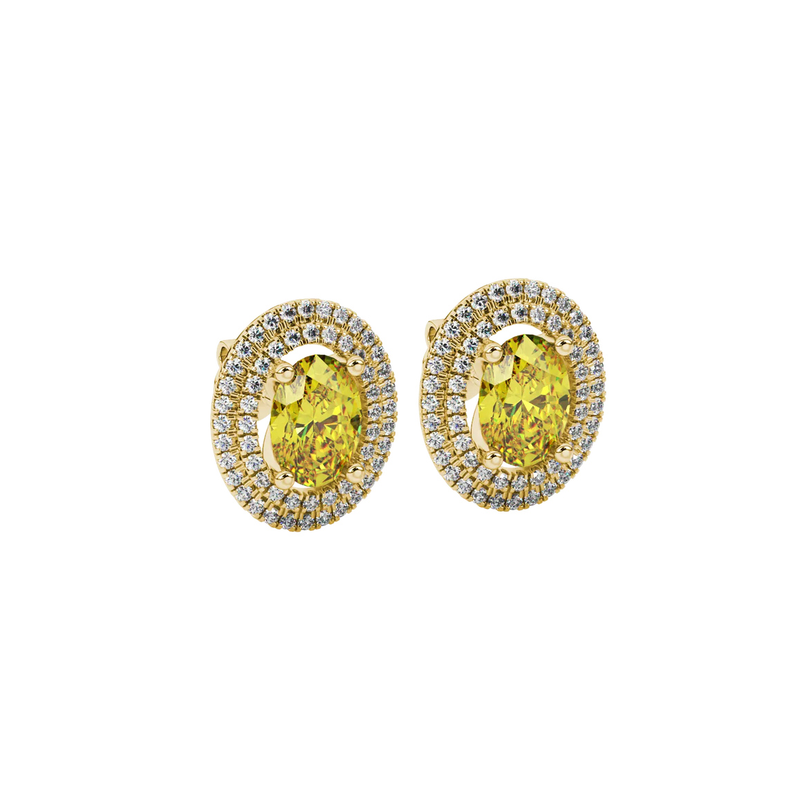 Close-up, oval cut canary yellow gemstone, yellow gold falling edge halo earrings.