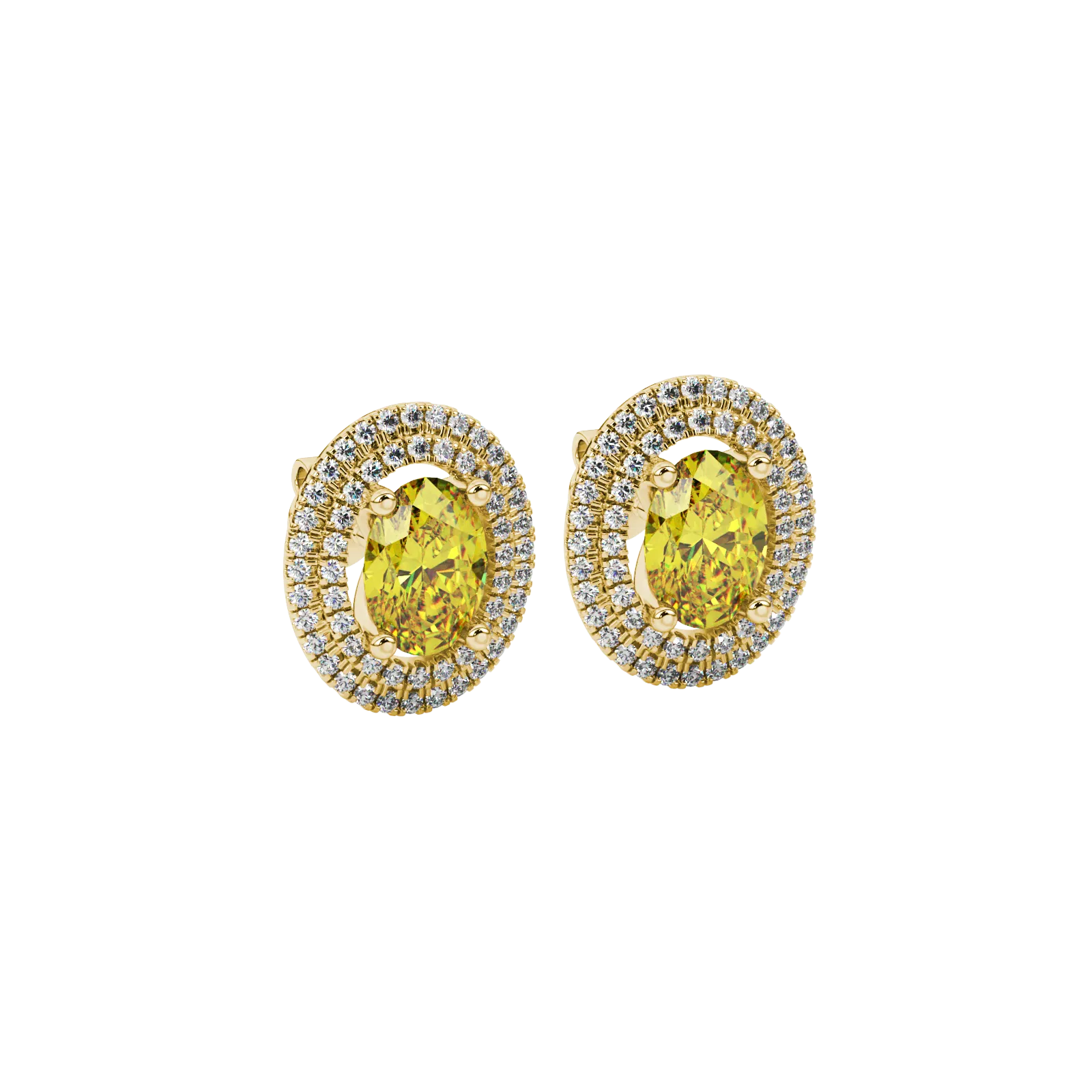 Close-up, oval cut canary yellow gemstone, yellow gold falling edge halo earrings.