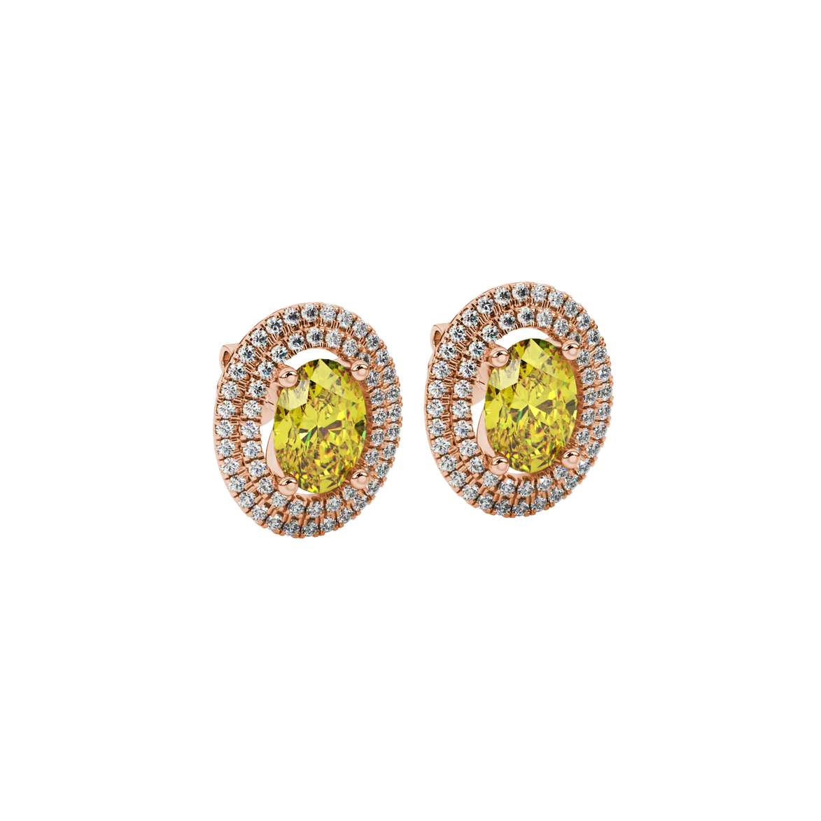 Close-up, oval cut canary yellow gemstone earrings, rose gold double halo.