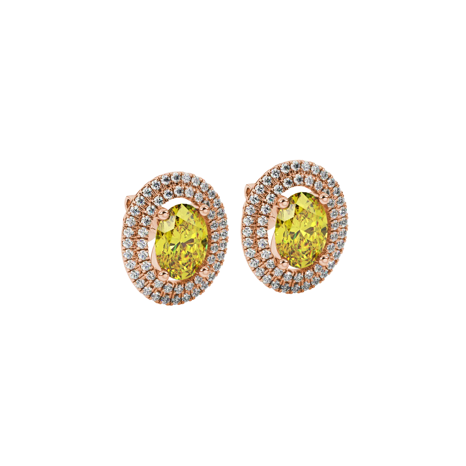 Close-up, oval cut canary yellow gemstone earrings, rose gold double halo.