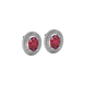 Close-up raspberry red gemstone earing, white gold falling edge halo.