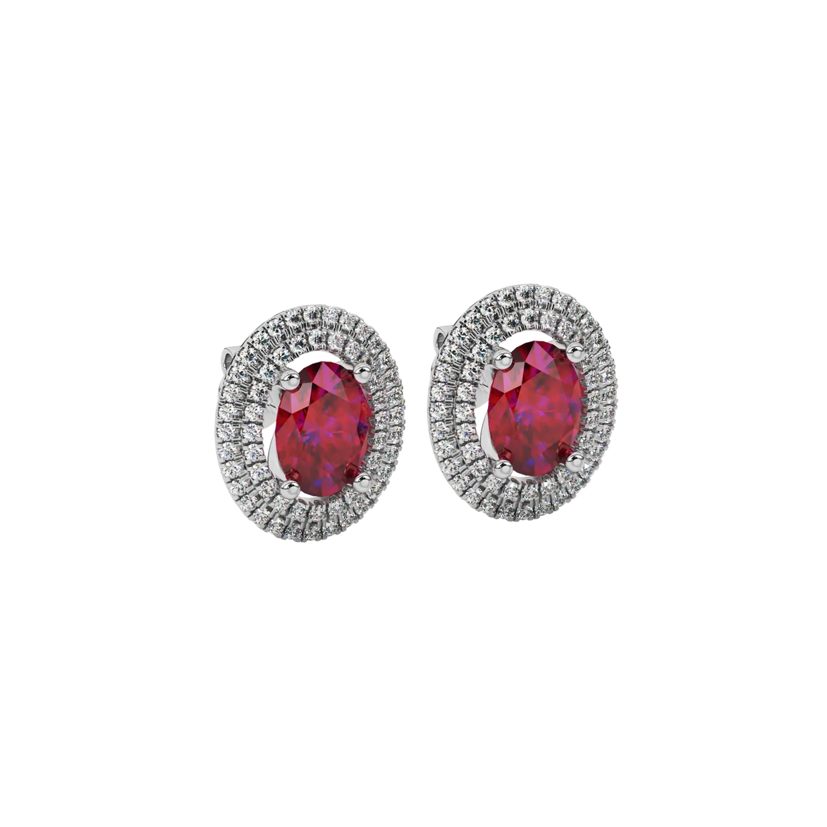 Close-up raspberry red gemstone earing, white gold falling edge halo.