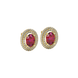 Close-up, oval cut raspberry red gemstone, yellow gold falling edge halo earrings.