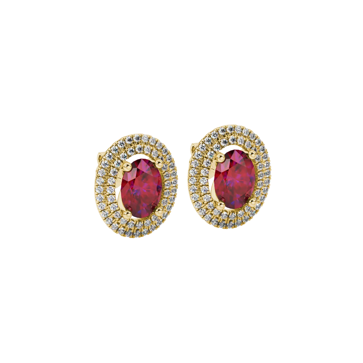 Close-up, oval cut raspberry red gemstone, yellow gold falling edge halo earrings.
