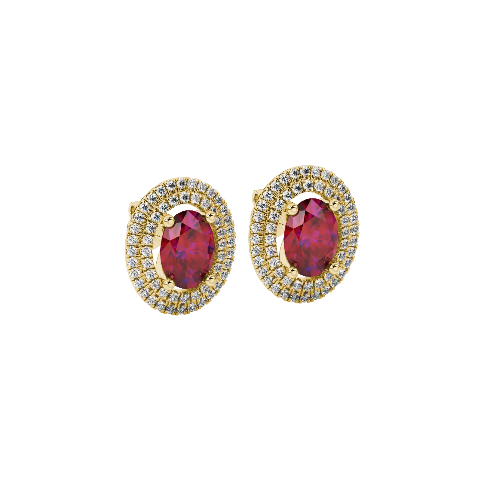 Close-up, oval cut raspberry red gemstone, yellow gold falling edge halo earrings.