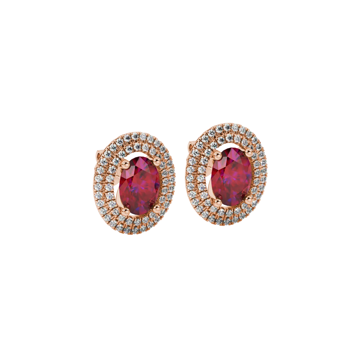 Close-up, oval cut raspberry red gemstone earrings, rose gold double halo.