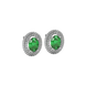 Close-up emerald green gemstone earing, white gold falling edge halo.