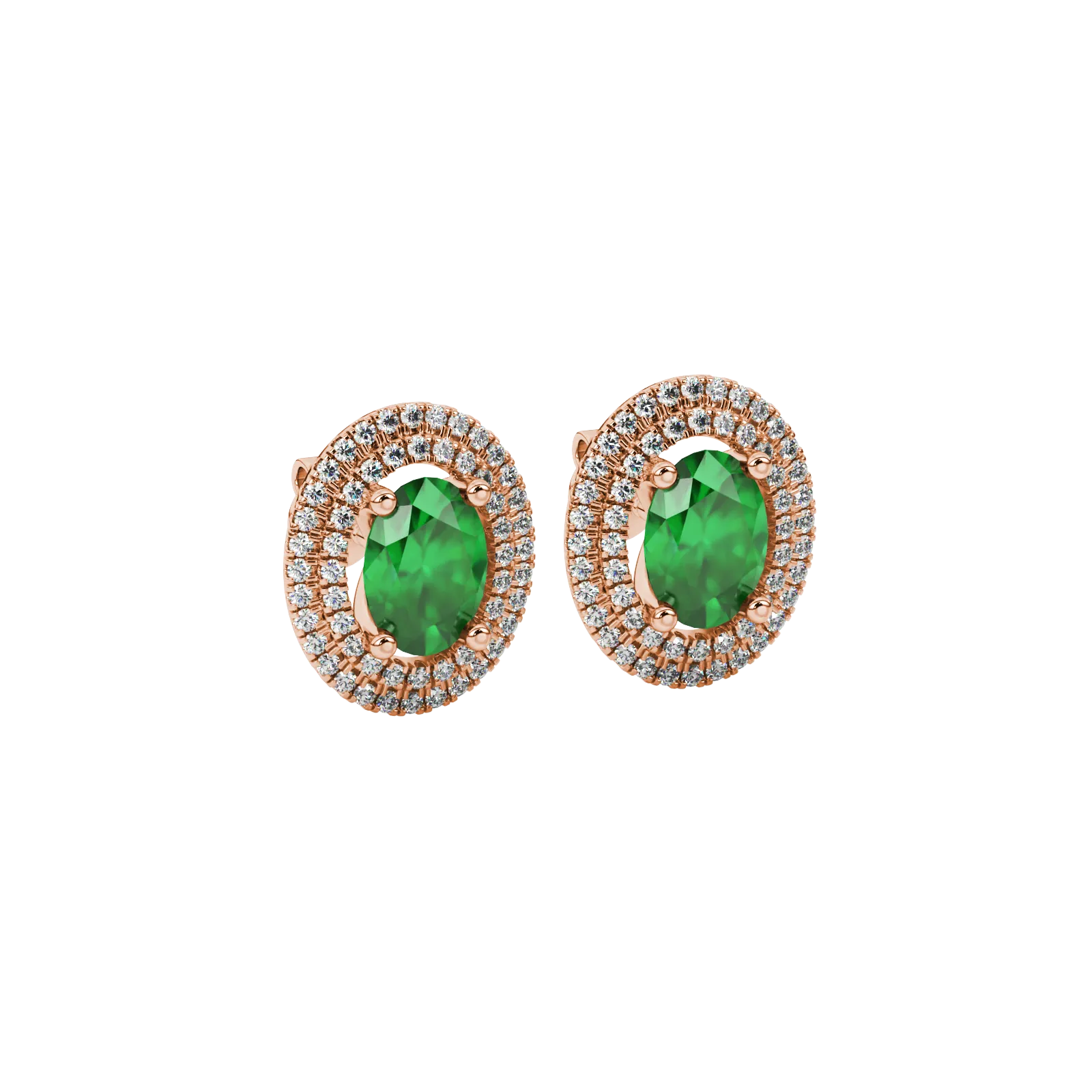 Close-up, oval cut emerald green gemstone earrings, rose gold double halo.