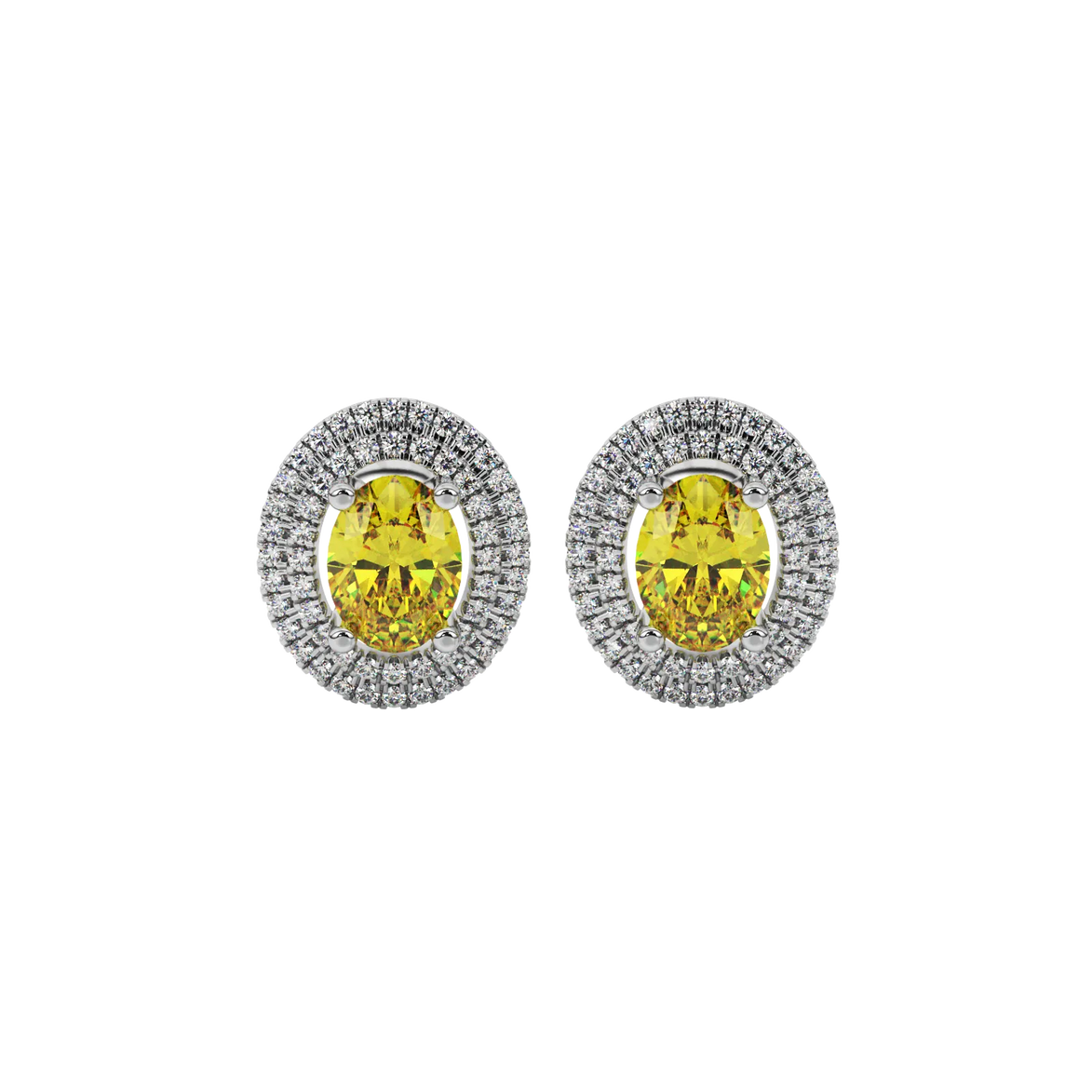 Oval cut canary yellow gemstone earrings, white gold falling edge halo setting