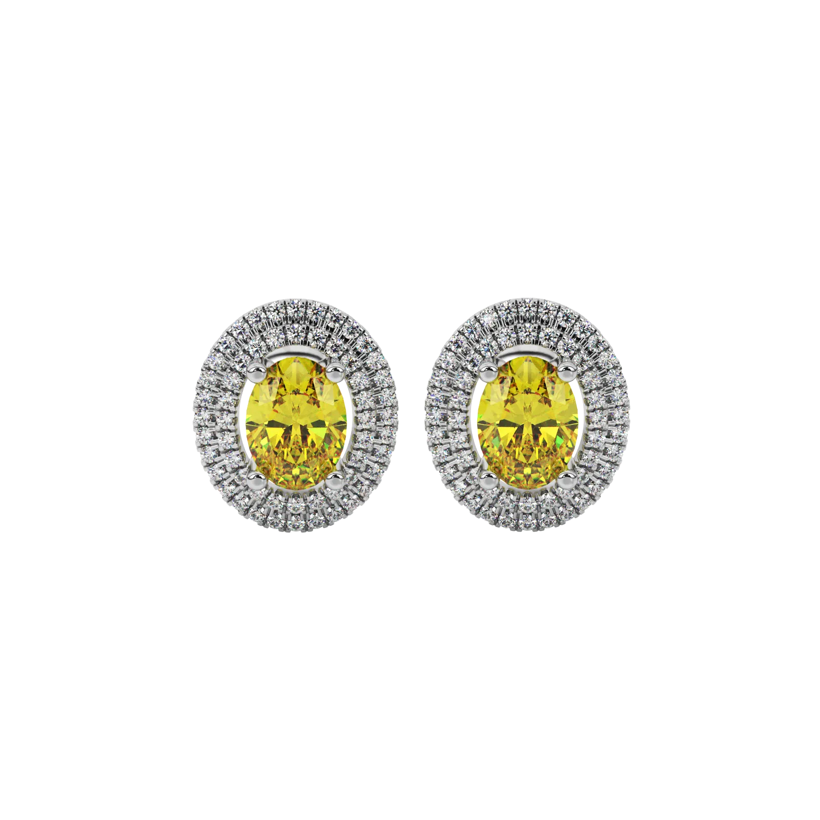Oval cut canary yellow gemstone earrings, white gold falling edge halo setting
