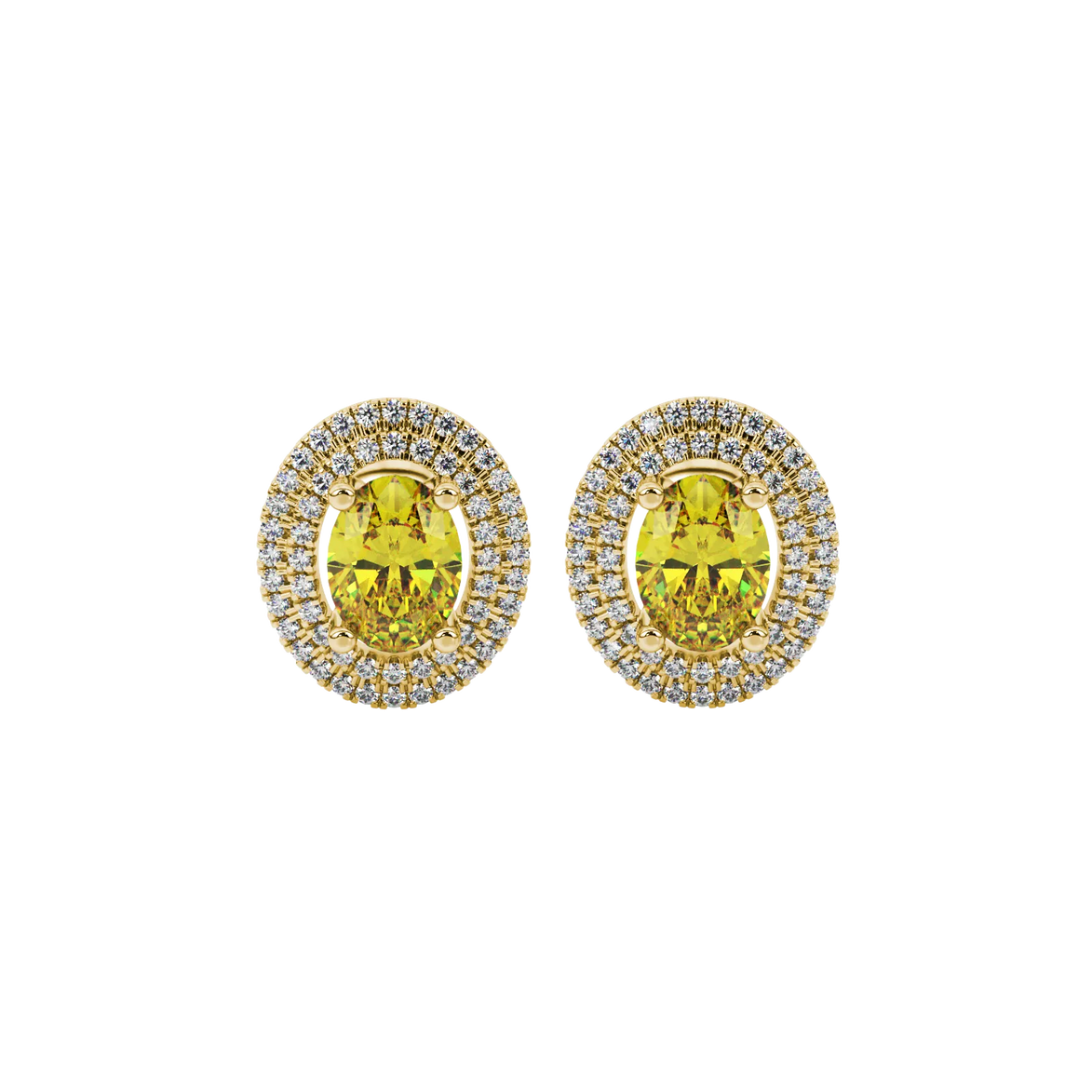 Oval cut canary yellow gemstone earrings, yellow gold falling edge halo setting.