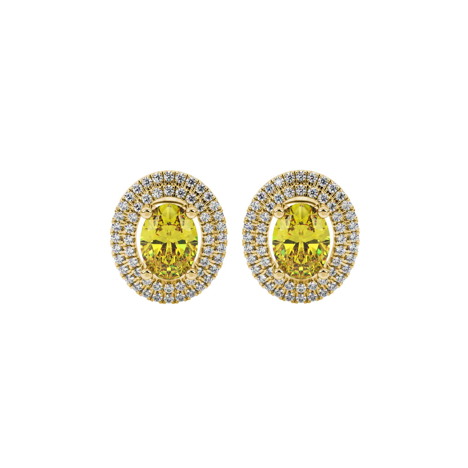 Oval cut canary yellow gemstone earrings, yellow gold falling edge halo setting.