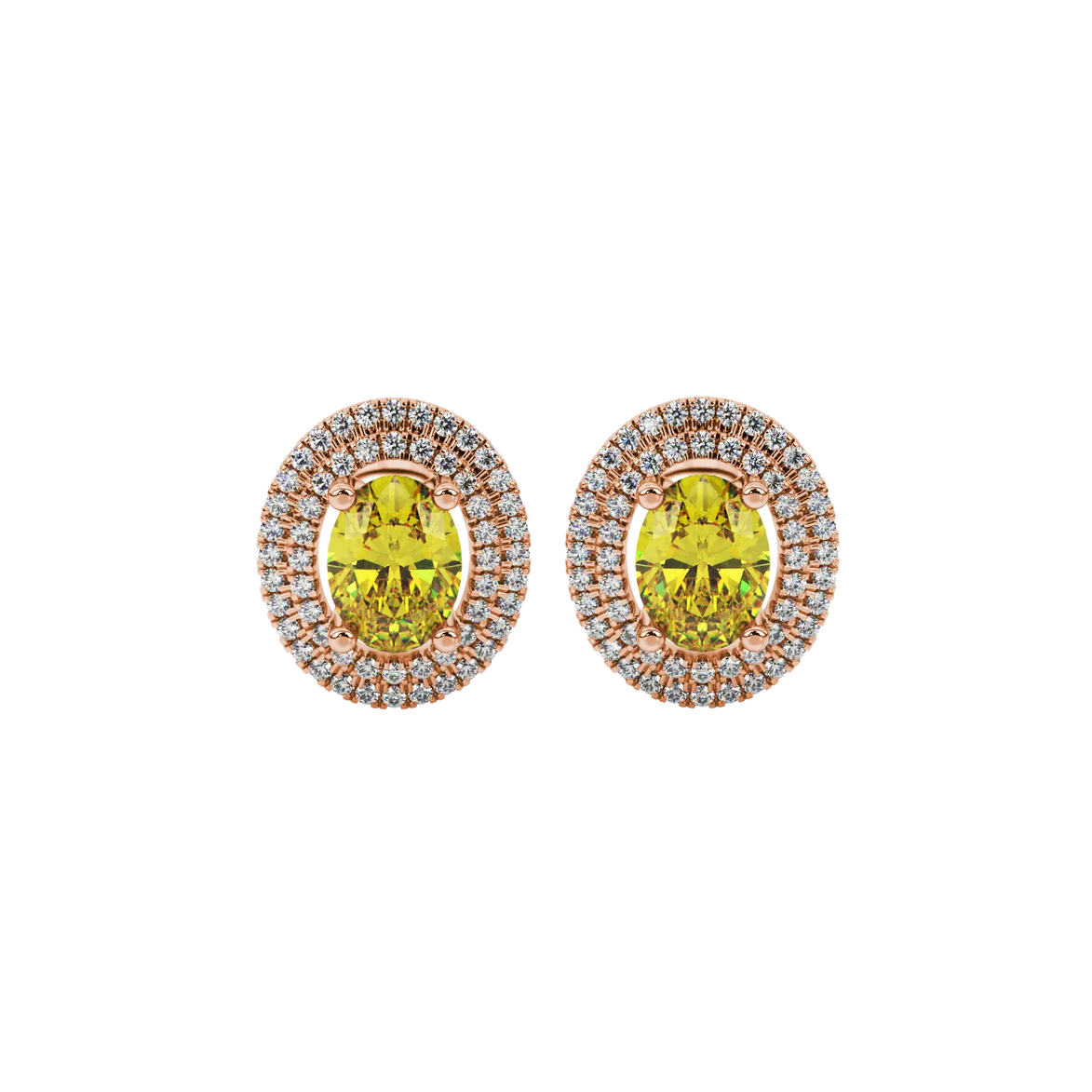Oval cut canary yellow gemstone earrings, rose gold falling edge halo setting.