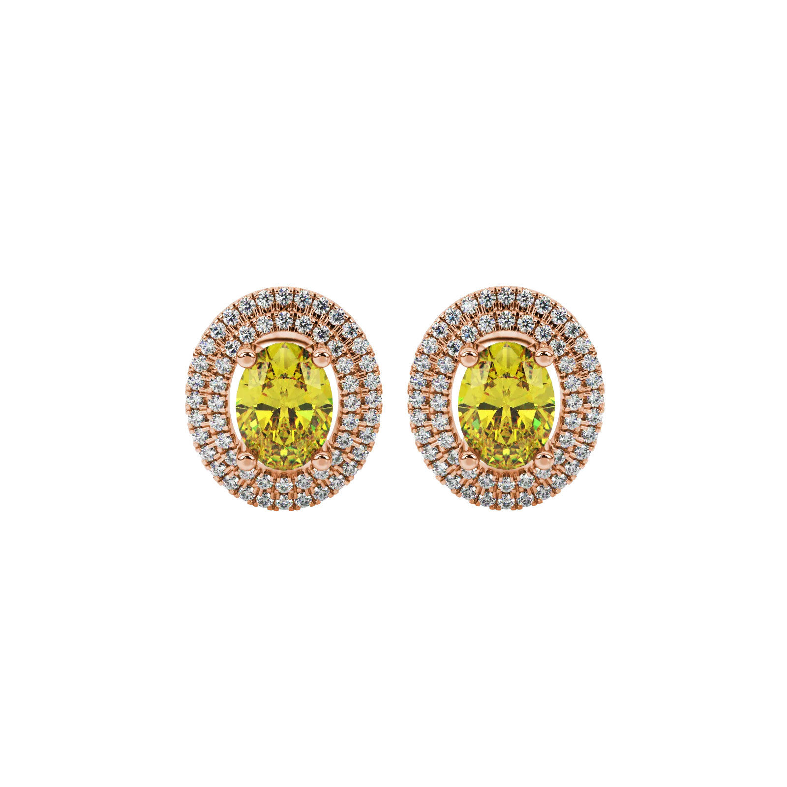 Oval cut canary yellow gemstone earrings, rose gold falling edge halo setting.