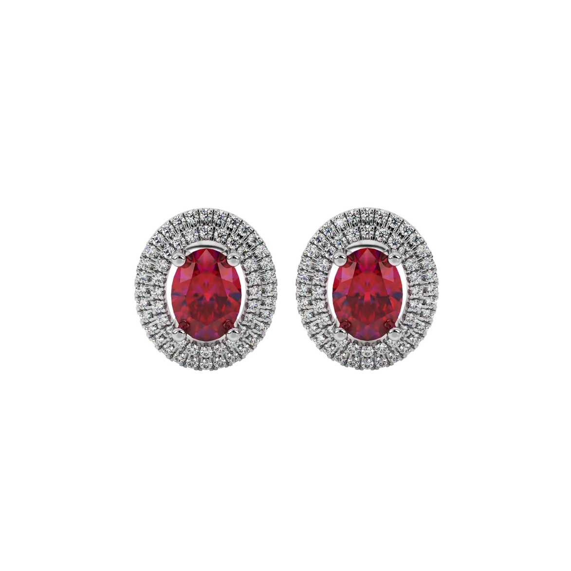 Oval cut raspberry red gemstone earrings, white gold falling edge halo setting.