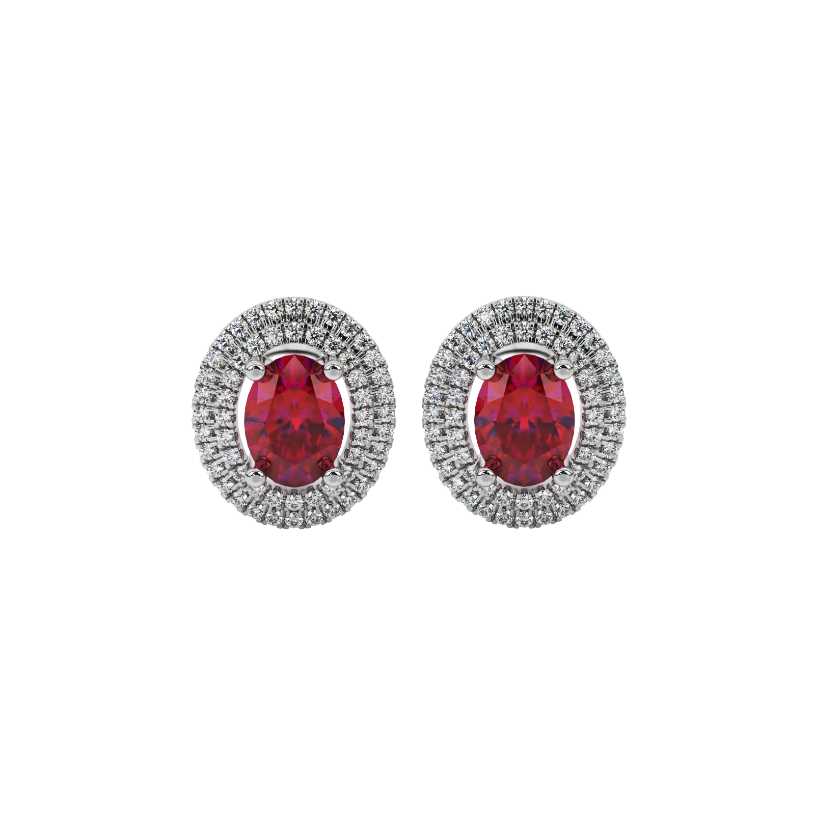 Oval cut raspberry red gemstone earrings, white gold falling edge halo setting.