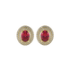 Oval cut raspberry red gemstone earrings, yellow gold falling edge halo setting.