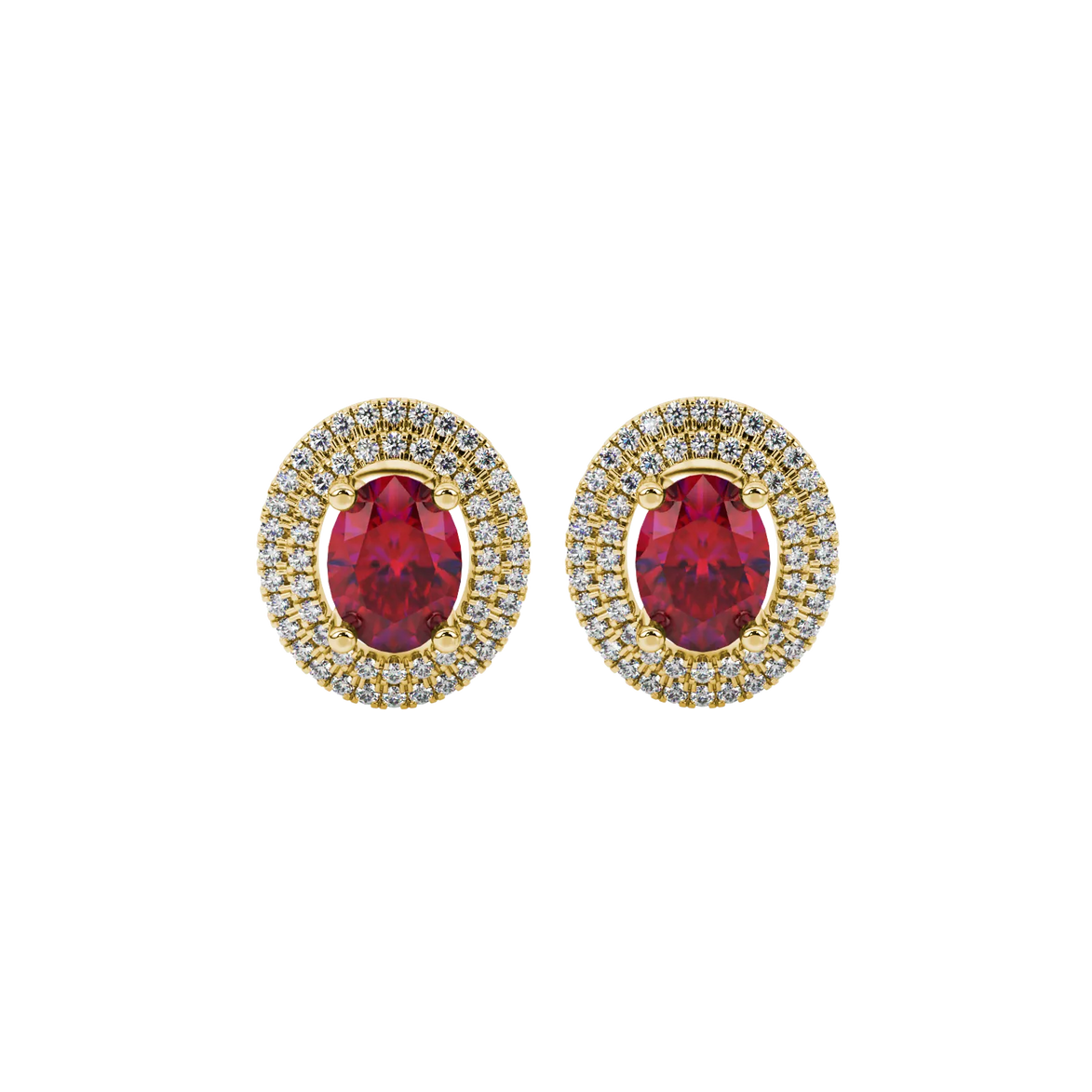Oval cut raspberry red gemstone earrings, yellow gold falling edge halo setting.