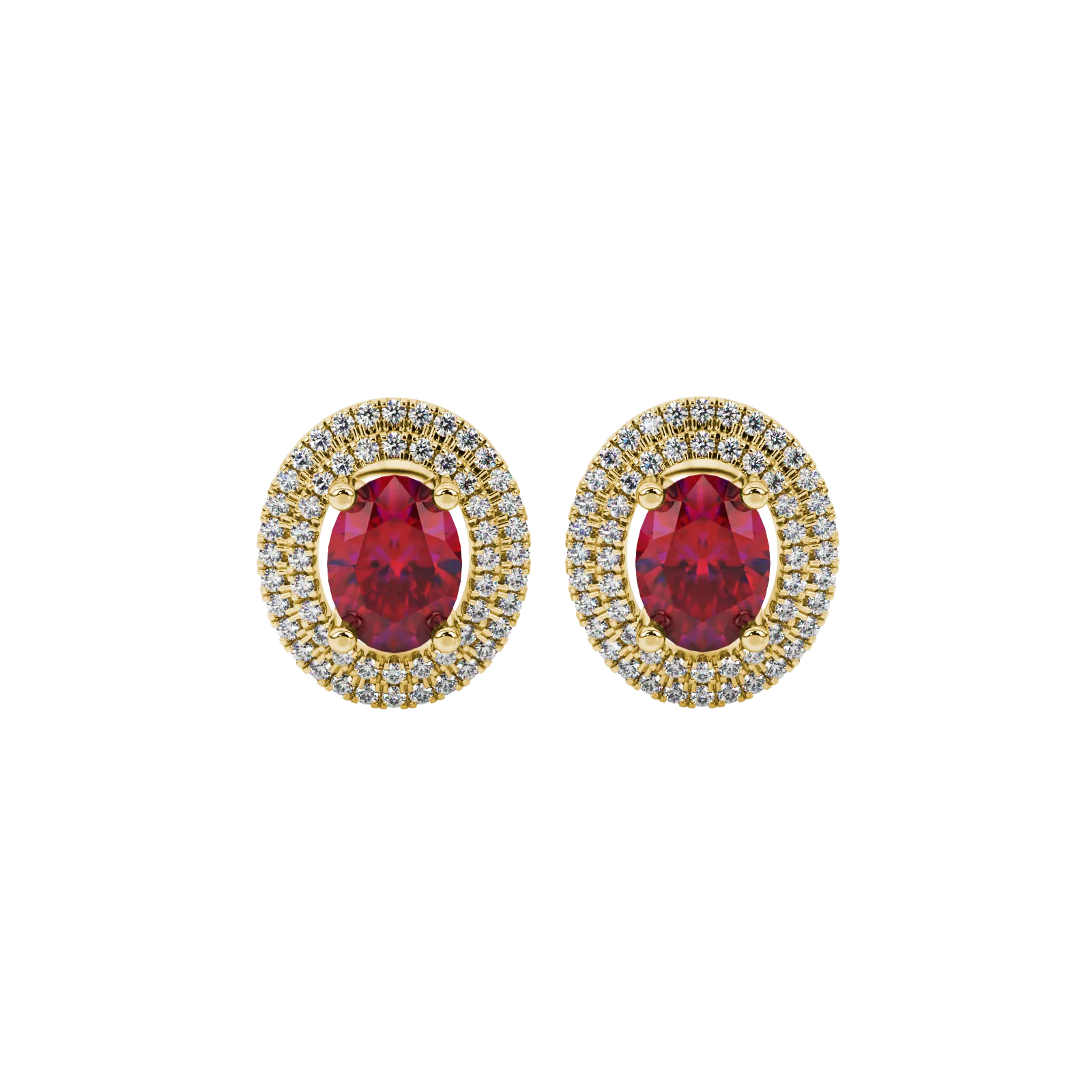 Oval cut raspberry red gemstone earrings, yellow gold falling edge halo setting.