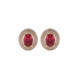 Oval cut raspberry red gemstone earrings, rose gold falling edge halo setting.