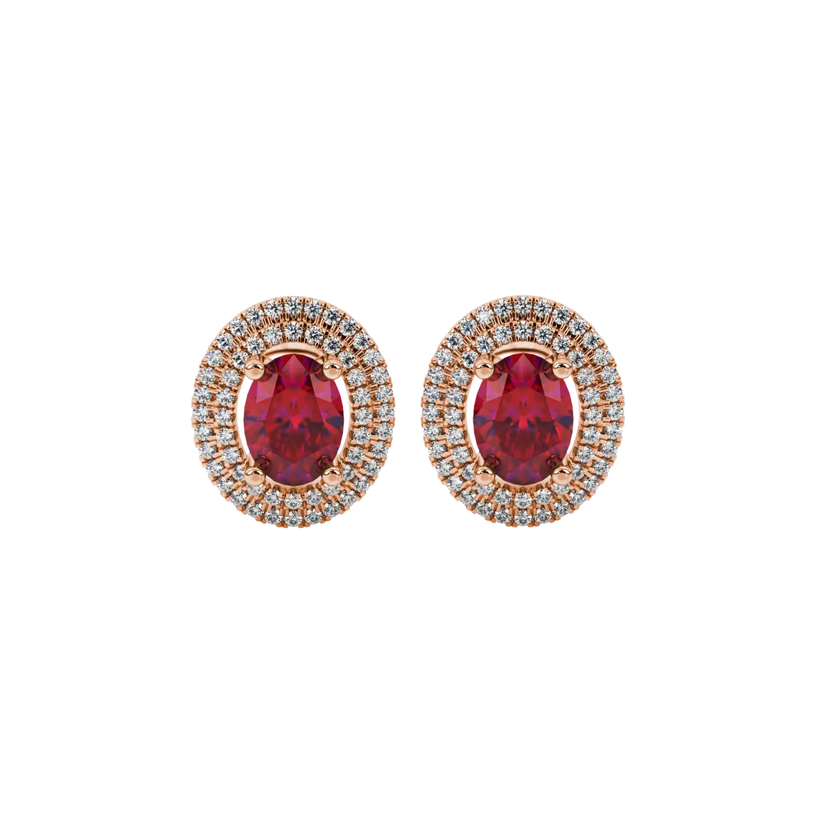 Oval cut raspberry red gemstone earrings, rose gold falling edge halo setting.
