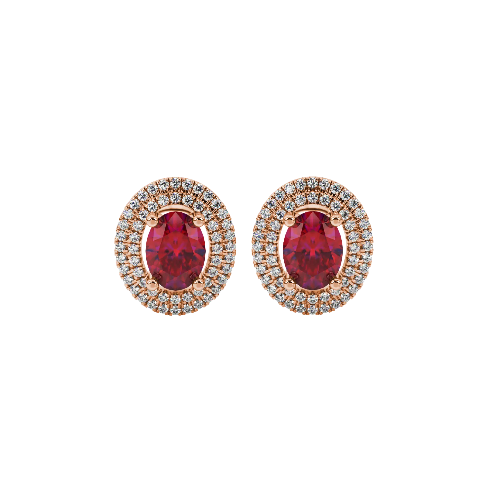 Oval cut raspberry red gemstone earrings, rose gold falling edge halo setting.