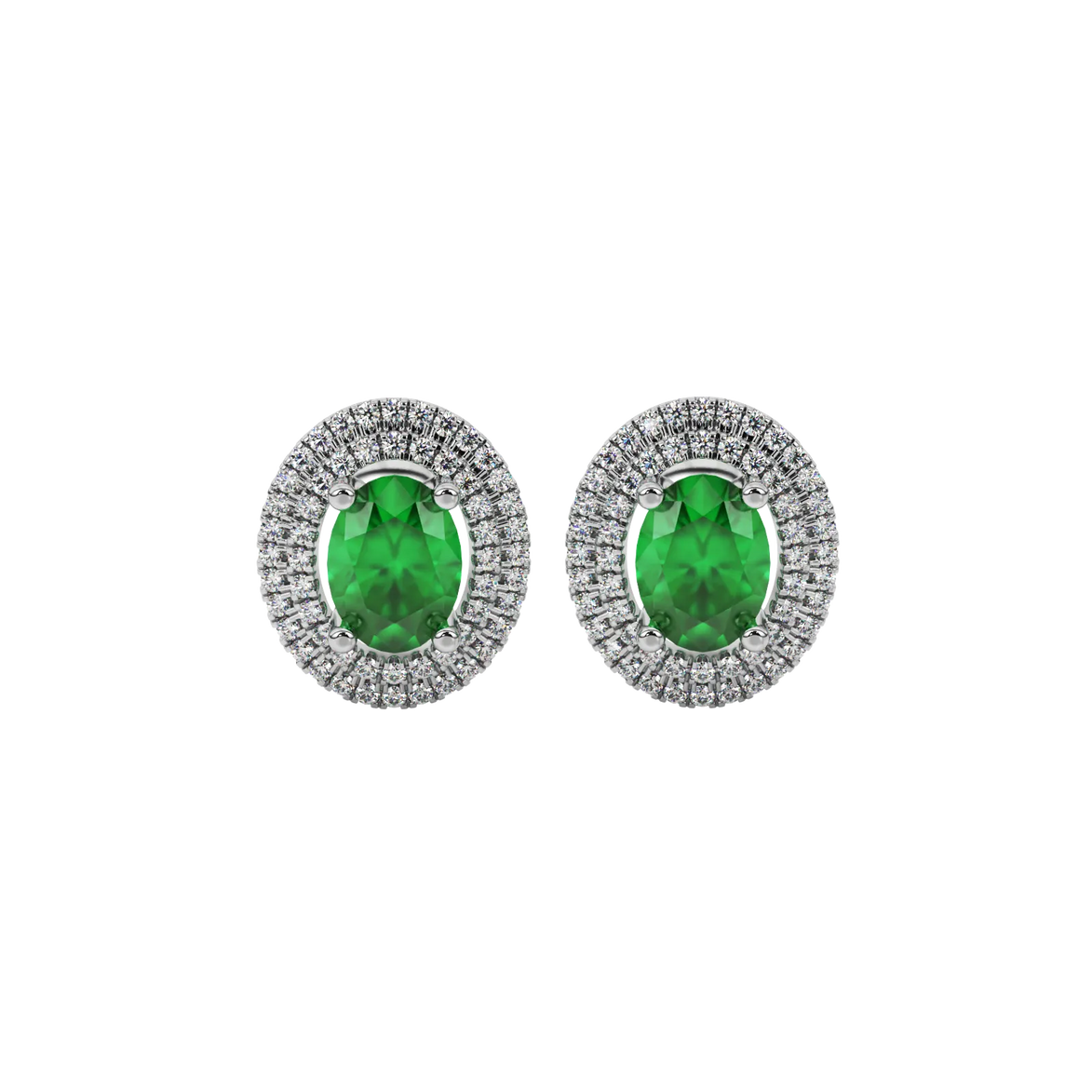 Oval cut emerald green gemstone earrings, white gold falling edge halo setting.