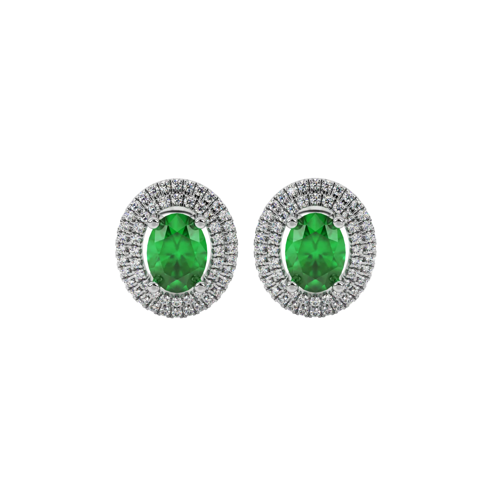 Oval cut emerald green gemstone earrings, white gold falling edge halo setting.