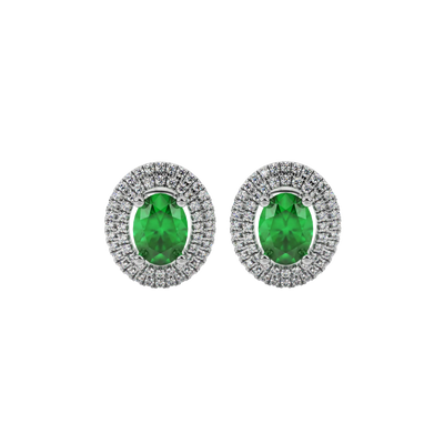 Oval cut emerald green gemstone earrings, white gold falling edge halo setting.