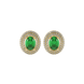 Oval cut emerald green gemstone earrings, yellow gold falling edge halo setting.