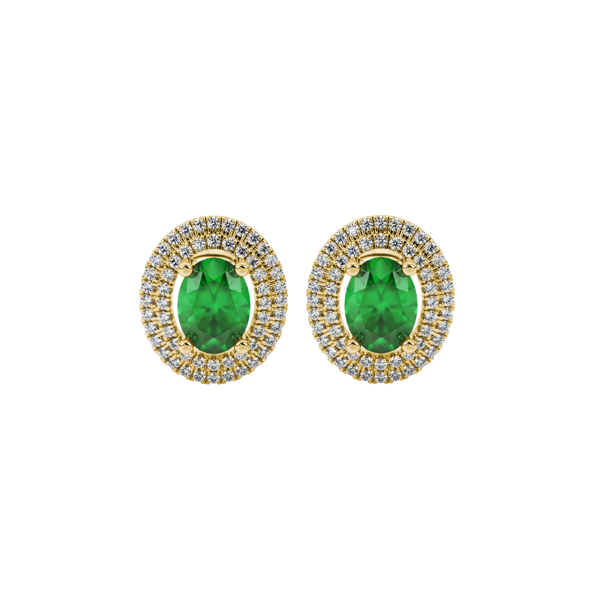 Oval cut emerald green gemstone earrings, yellow gold falling edge halo setting.