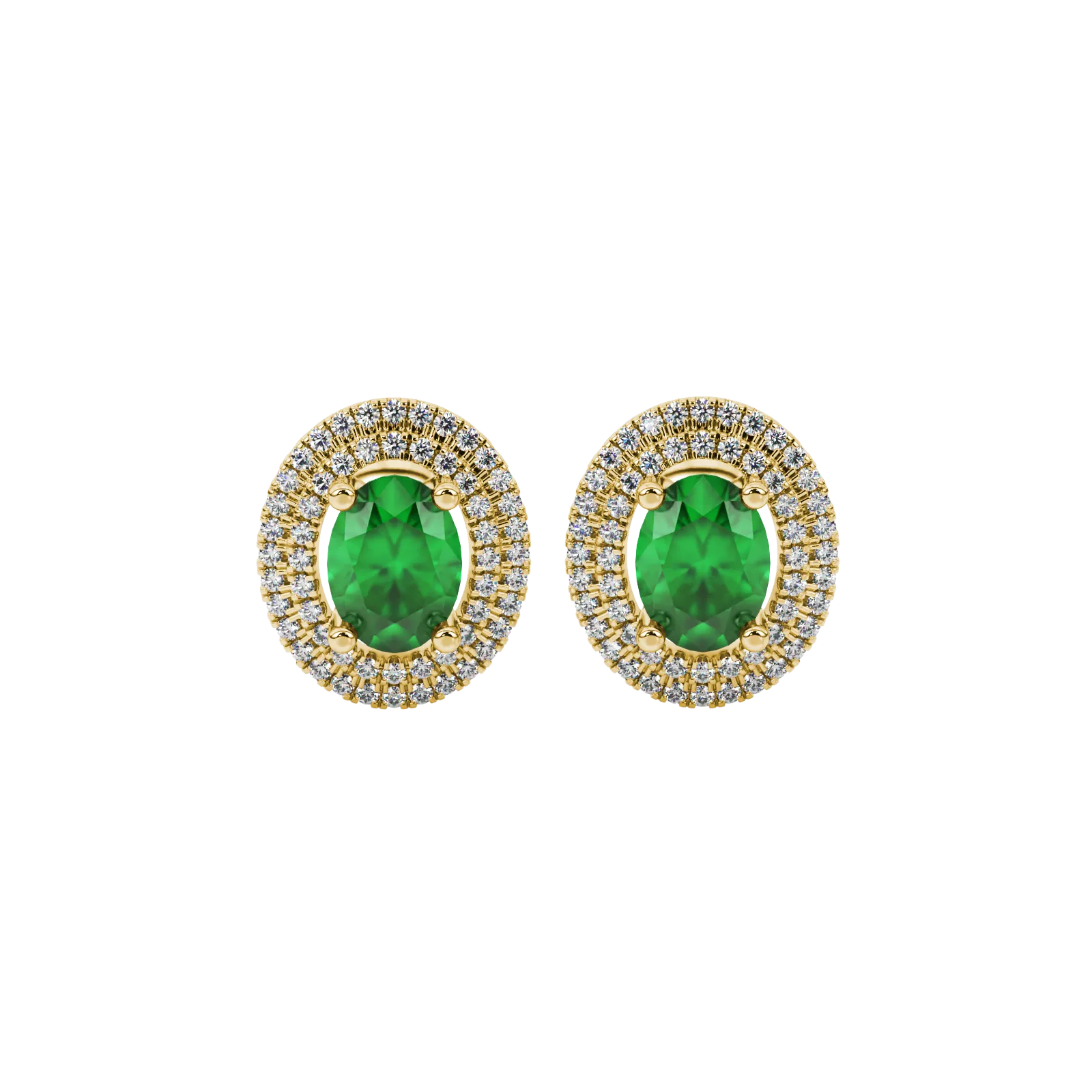 Oval cut emerald green gemstone earrings, yellow gold falling edge halo setting.