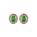 Oval cut emerald green gemstone earrings, rose gold falling edge halo setting.