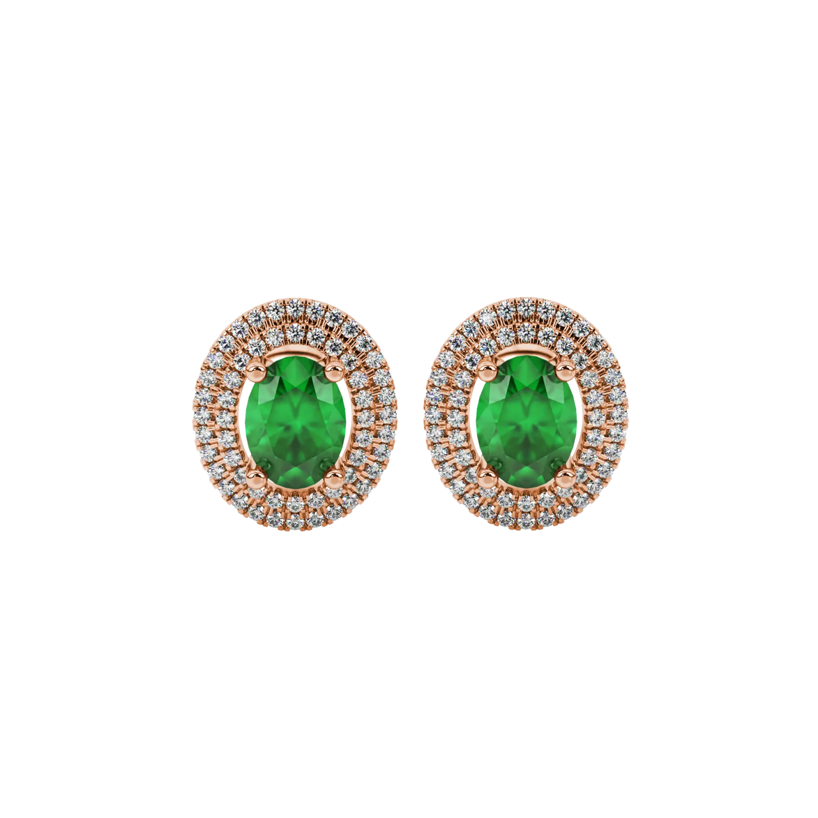 Oval cut emerald green gemstone earrings, rose gold falling edge halo setting.