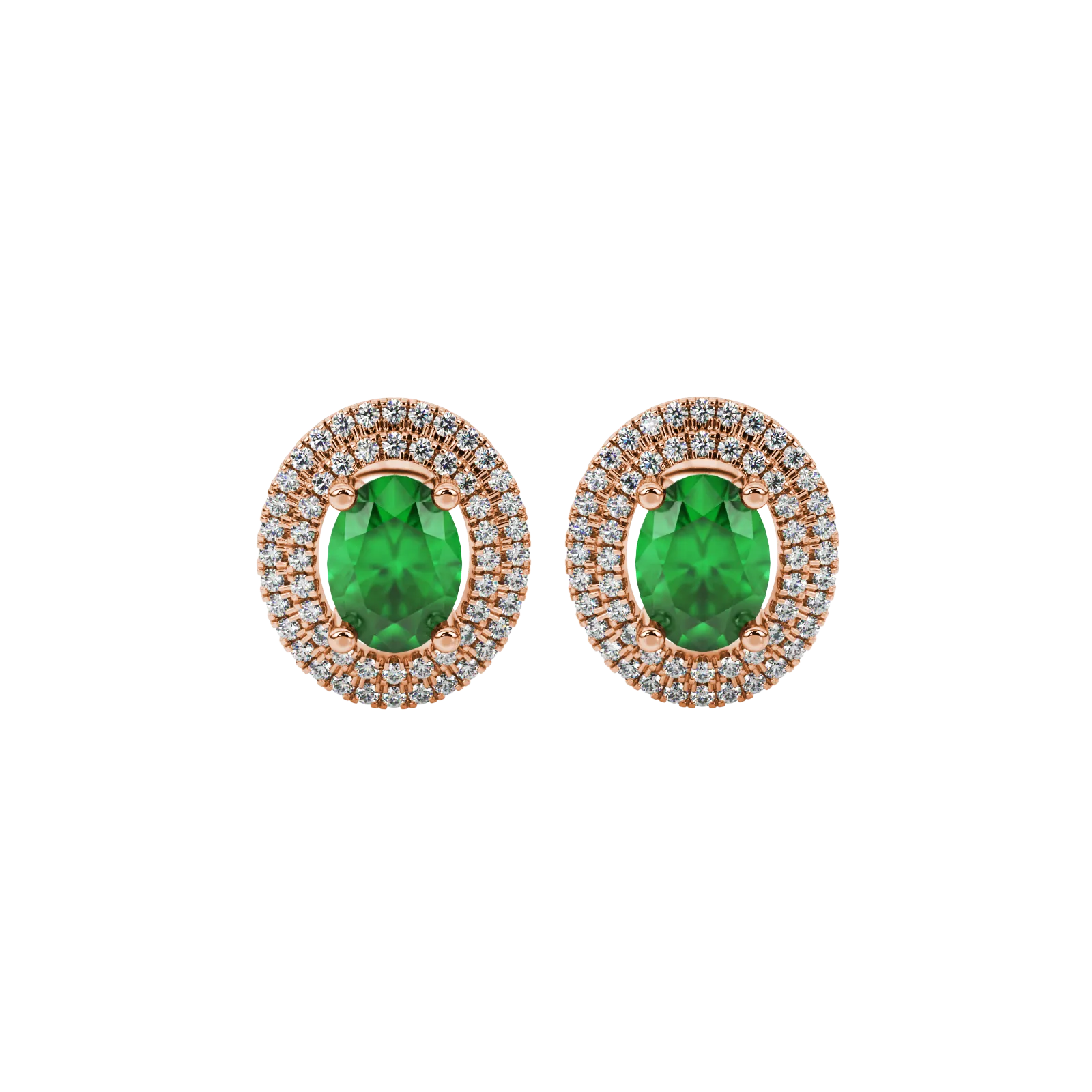 Oval cut emerald green gemstone earrings, rose gold falling edge halo setting.
