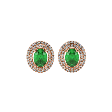 Oval cut emerald green gemstone earrings, rose gold falling edge halo setting.