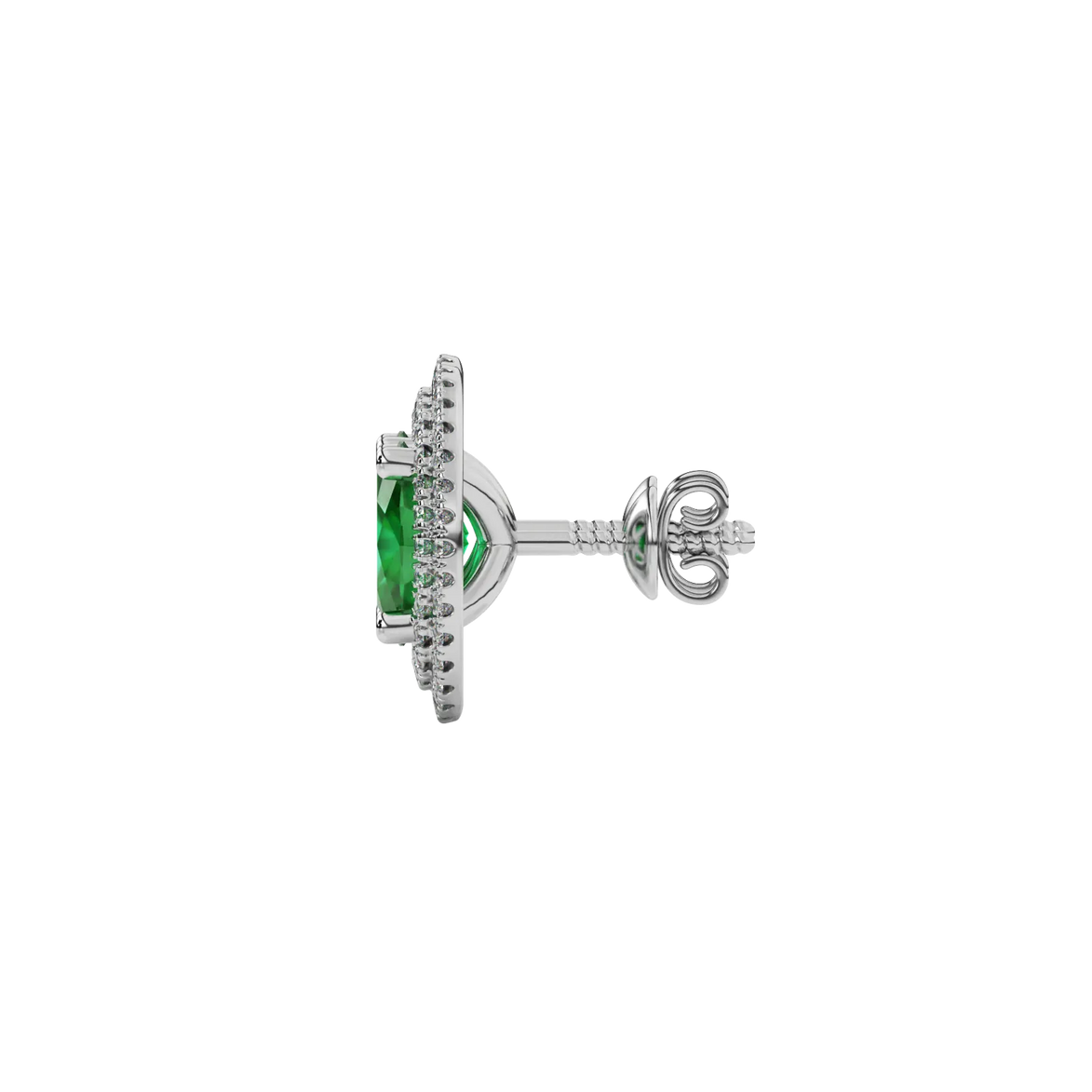 Side profile, white gold emerald green earrings, falling edge halo gallery.