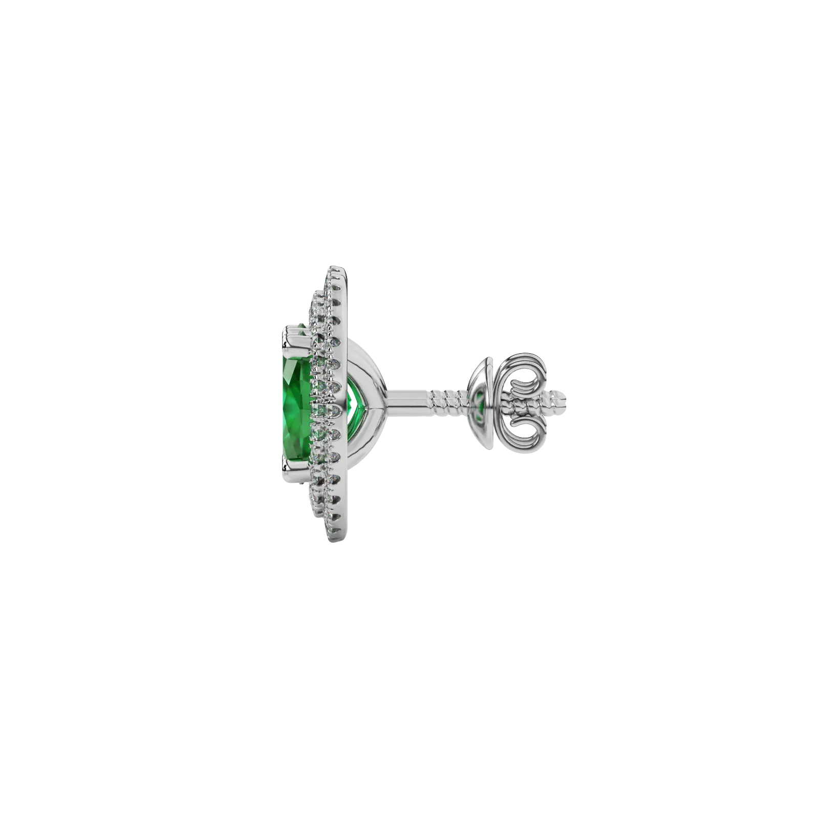 Side profile, white gold emerald green earrings, falling edge halo gallery.