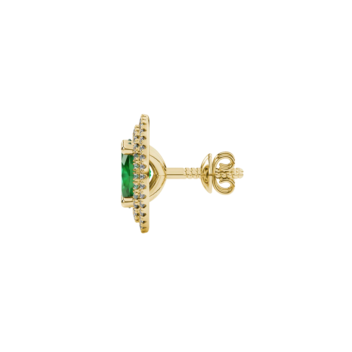 Side profile, yellow gold emerald green earrings, falling edge halo gallery.