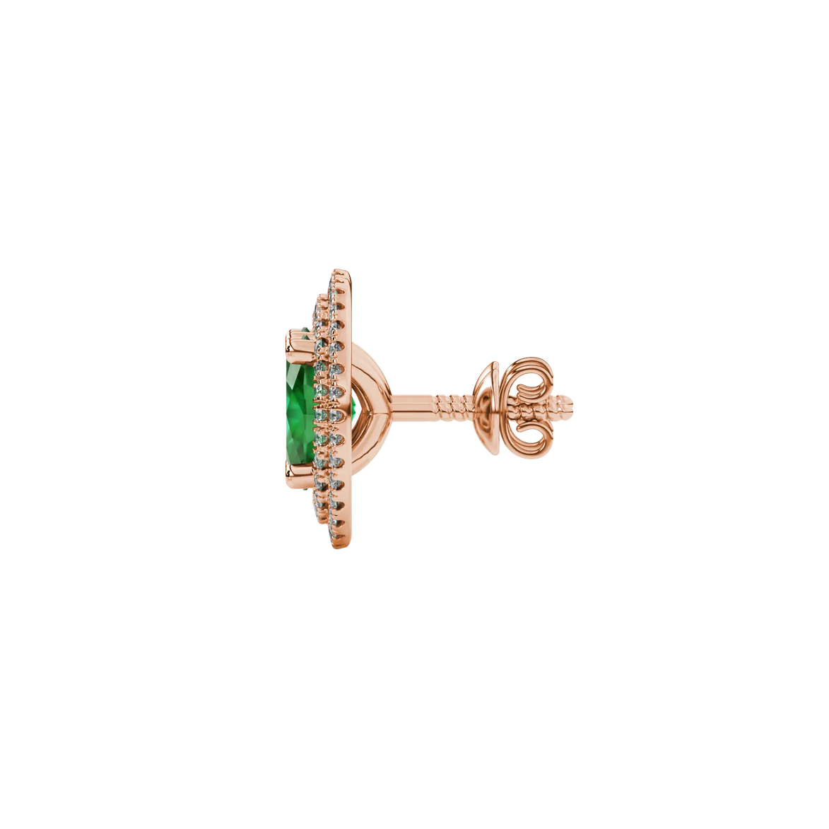 Side profile, rose gold emerald green earrings, falling edge halo gallery.