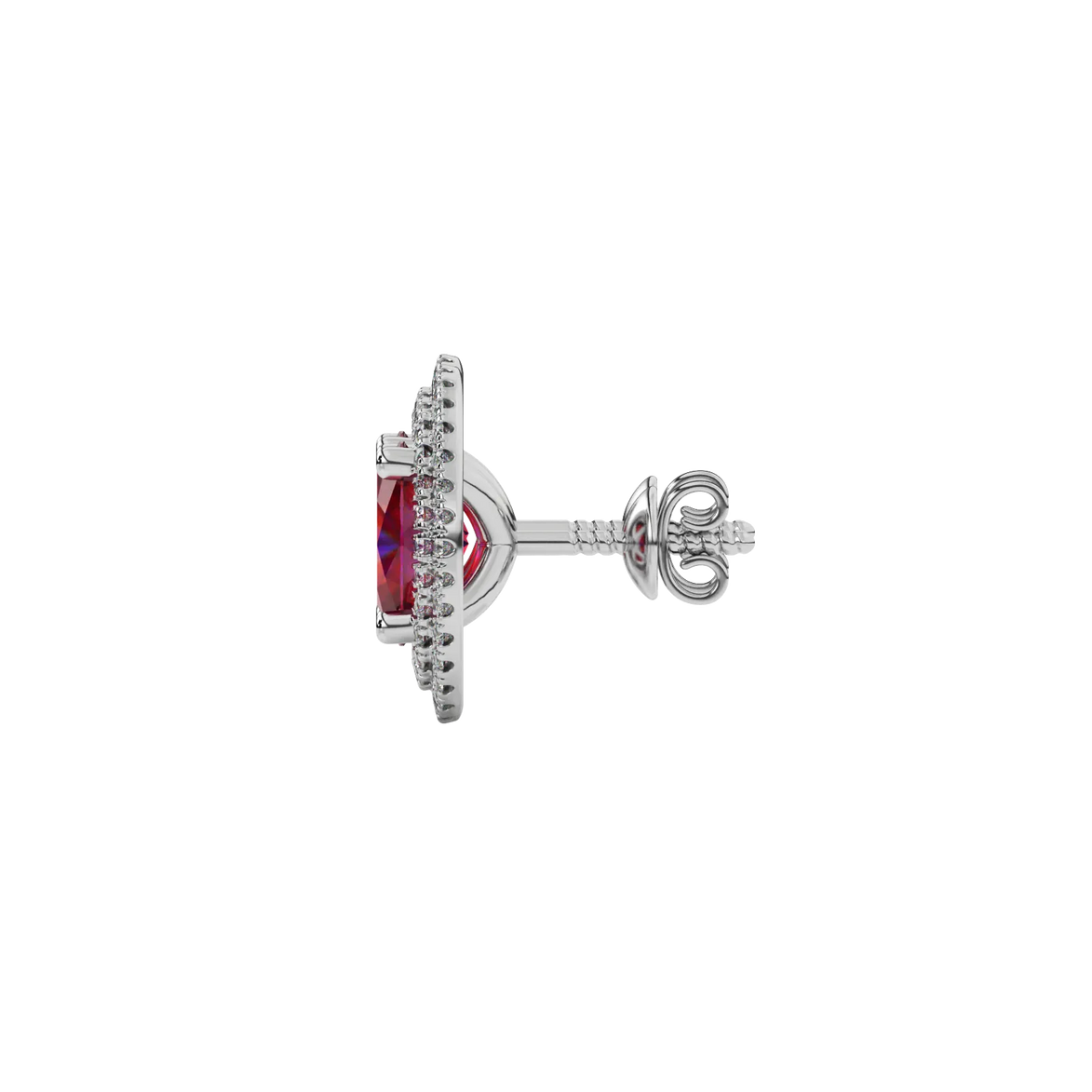 Side profile, white gold raspberry red earrings, falling edge halo gallery.
