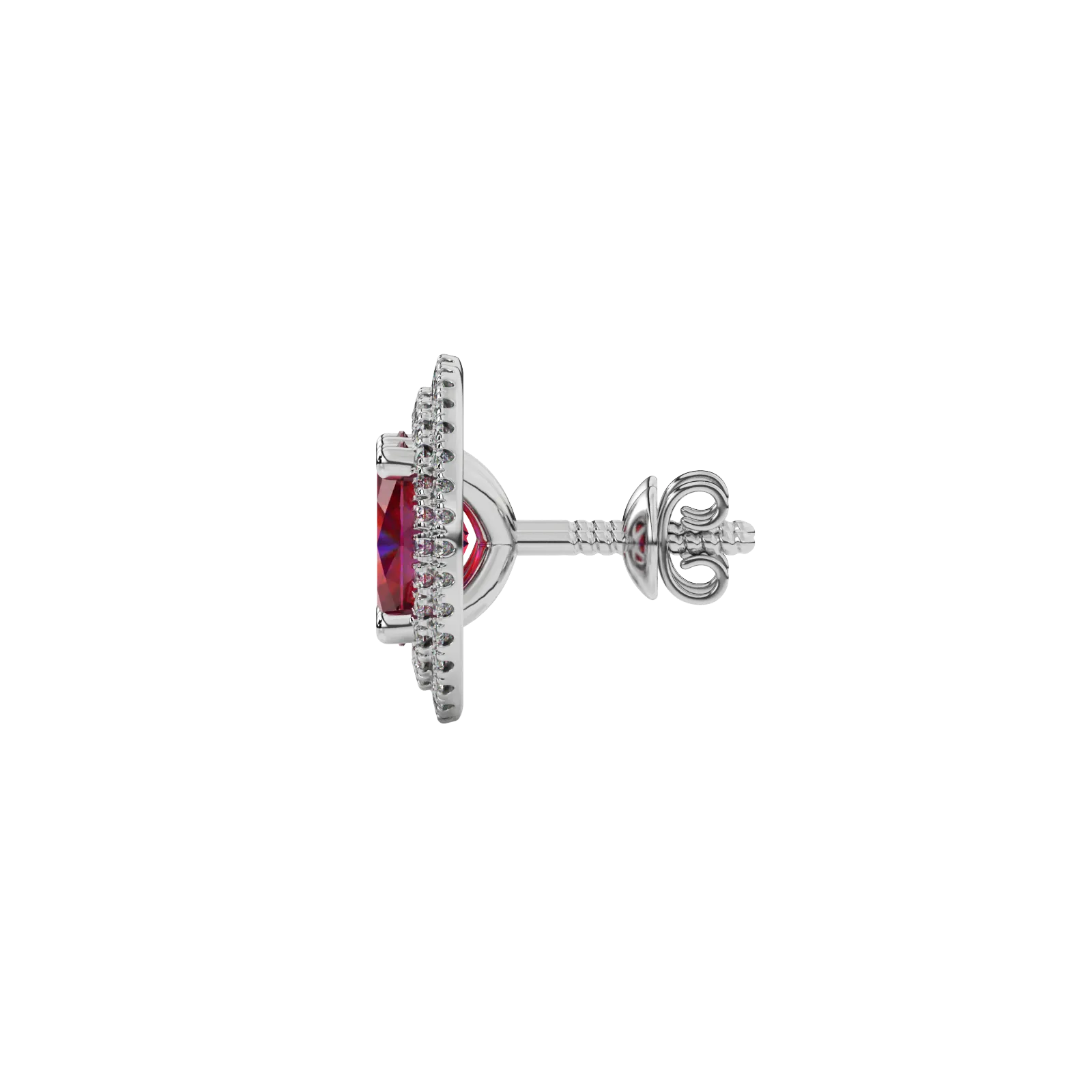 Side profile, white gold raspberry red earrings, falling edge halo gallery.