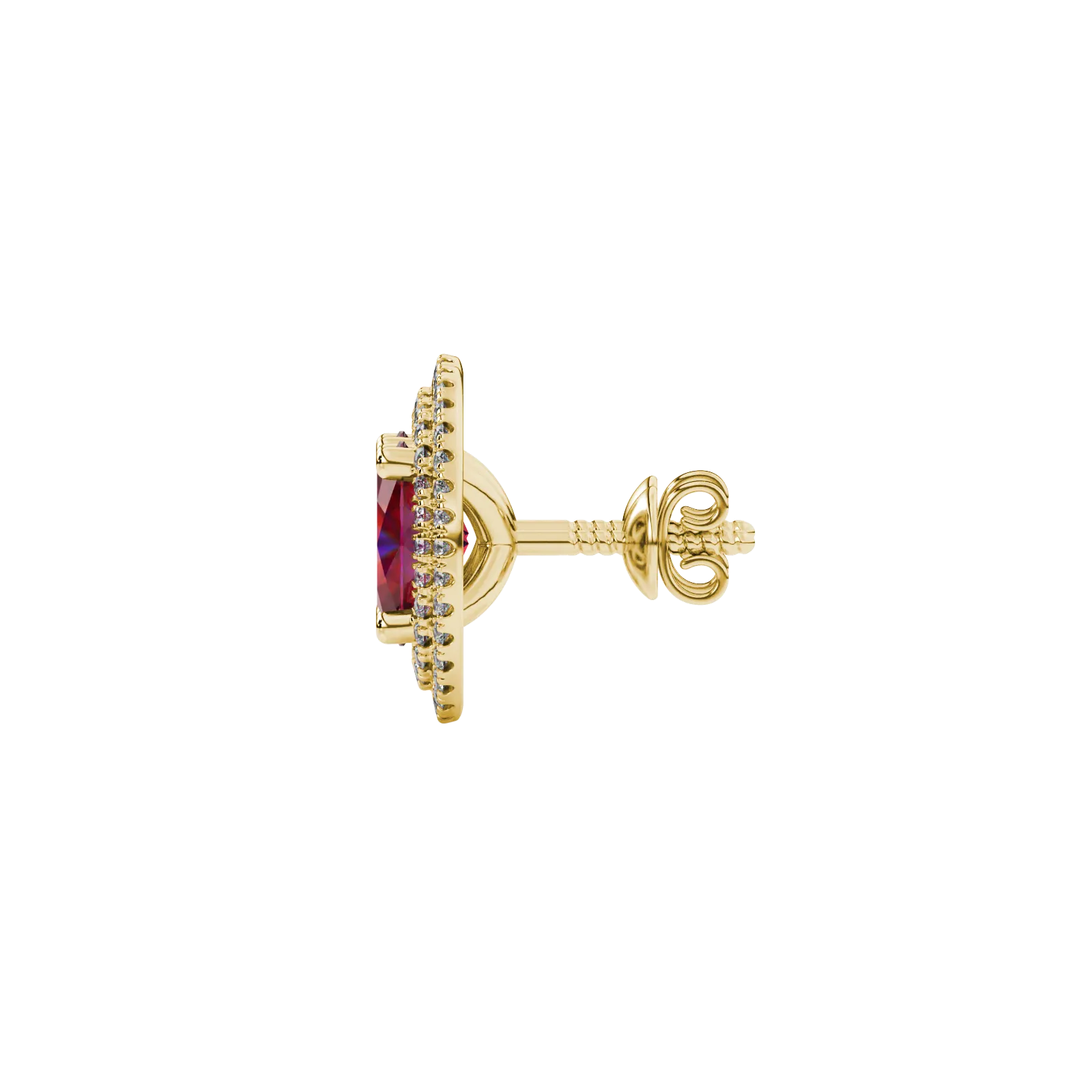 Side profile, yellow gold raspberry red earrings, falling edge halo gallery.