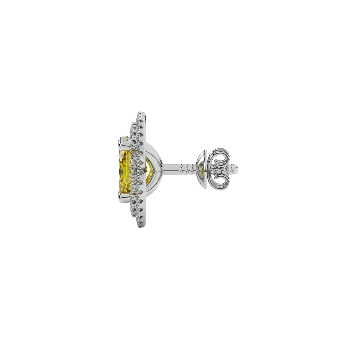 Side profile, white gold canary yellow earrings, falling edge halo gallery.